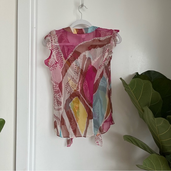 Diane von furstenberg 100% silk multicolor y2k button up frill tank blouse sz 4 - Picture 4 of 4